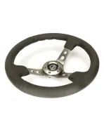 NRG Black Leather w/Gunmetal Spokes & Circle Cutouts Deep Dish Steering Wheel 350mm NRG Black Leather w/Gunmetal Spokes & Circle Cutouts Deep Dish Steering Wheel 350mm