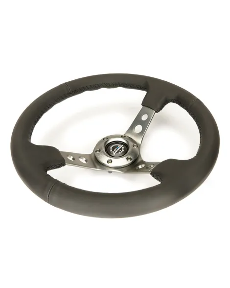 NRG Black Leather w/Gunmetal Spokes & Circle Cutouts Deep Dish Steering Wheel 350mm NRG Black Leather w/Gunmetal Spokes & Circle Cutouts Deep Dish Steering Wheel 350mm