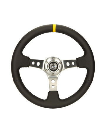 NRG Black Leather w/Gunmetal Spokes, Circle Cutouts & Yellow Centre Mark Deep Dish Steering Wheel 350mm