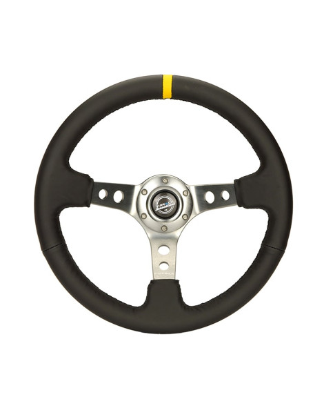 NRG Black Leather w/Gunmetal Spokes, Circle Cutouts & Yellow Centre Mark Deep Dish Steering Wheel 350mm NRG Black Leather w/Gunmetal Spokes, Circle Cutouts & Yellow Centre Mark Deep Dish Steering Wheel 350mm
