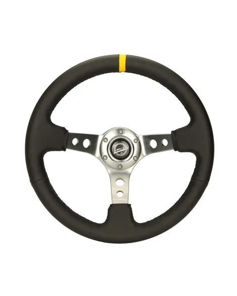 NRG Black Leather w/Gunmetal Spokes, Circle Cutouts & Yellow Centre Mark Deep Dish Steering Wheel 350mm NRG Black Leather w/Gunmetal Spokes, Circle Cutouts & Yellow Centre Mark Deep Dish Steering Wheel 350mm
