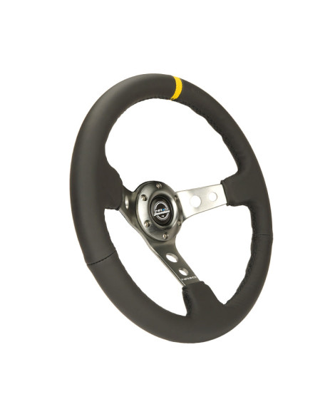 NRG Black Leather w/Gunmetal Spokes, Circle Cutouts & Yellow Centre Mark Deep Dish Steering Wheel 350mm NRG Black Leather w/Gunmetal Spokes, Circle Cutouts & Yellow Centre Mark Deep Dish Steering Wheel 350mm