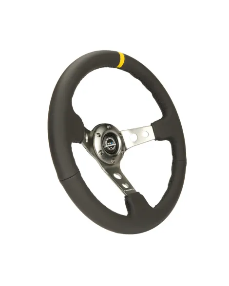NRG Black Leather w/Gunmetal Spokes, Circle Cutouts & Yellow Centre Mark Deep Dish Steering Wheel 350mm NRG Black Leather w/Gunmetal Spokes, Circle Cutouts & Yellow Centre Mark Deep Dish Steering Wheel 350mm