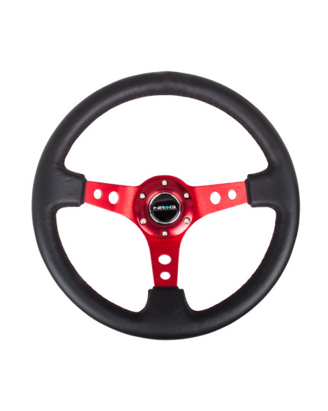 NRG Black Leather w/Red Spokes & Circle Cutouts Deep Dish Steering Wheel 350mm NRG Black Leather w/Red Spokes & Circle Cutouts Deep Dish Steering Wheel 350mm