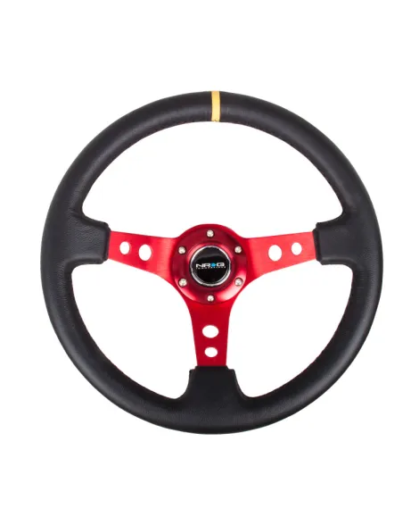 NRG Black Leather w/Red Spokes, Circle Cutouts & Yellow Centre Mark Deep Dish Steering Wheel 350mm NRG Black Leather w/Red Spokes, Circle Cutouts & Yellow Centre Mark Deep Dish Steering Wheel 350mm