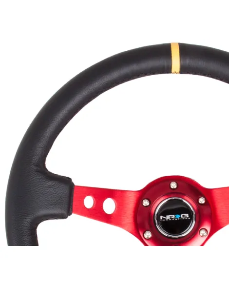 NRG Black Leather w/Red Spokes, Circle Cutouts & Yellow Centre Mark Deep Dish Steering Wheel 350mm NRG Black Leather w/Red Spokes, Circle Cutouts & Yellow Centre Mark Deep Dish Steering Wheel 350mm