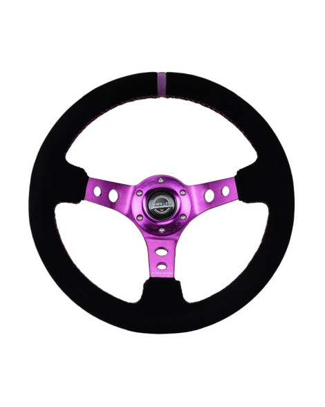 NRG Black Suede w/Purple Spokes & Circle Cutouts Deep Dish Steering Wheel 350mm NRG Black Suede w/Purple Spokes & Circle Cutouts Deep Dish Steering Wheel 350mm