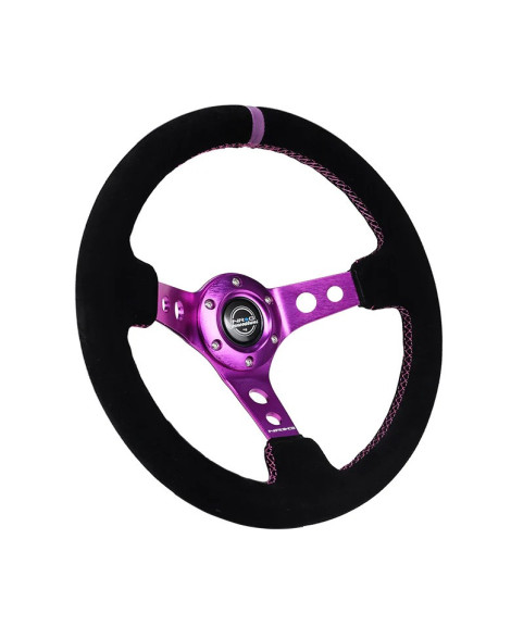 NRG Black Suede w/Purple Spokes & Circle Cutouts Deep Dish Steering Wheel 350mm NRG Black Suede w/Purple Spokes & Circle Cutouts Deep Dish Steering Wheel 350mm