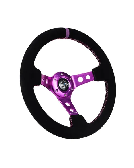 NRG Black Suede w/Purple Spokes & Circle Cutouts Deep Dish Steering Wheel 350mm NRG Black Suede w/Purple Spokes & Circle Cutouts Deep Dish Steering Wheel 350mm