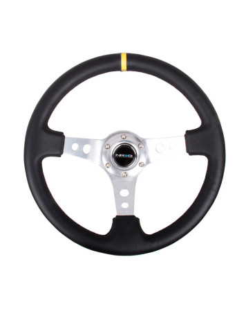 NRG Black Leather w/Silver Spokes, Circle Cutouts & Yellow Centre Mark Deep Dish Steering Wheel 350mm