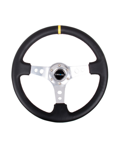 NRG Black Leather w/Silver Spokes, Circle Cutouts & Yellow Centre Mark Deep Dish Steering Wheel 350mm NRG Black Leather w/Silver Spokes, Circle Cutouts & Yellow Centre Mark Deep Dish Steering Wheel 350mm