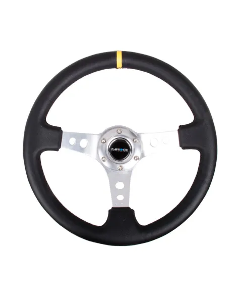 NRG Black Leather w/Silver Spokes, Circle Cutouts & Yellow Centre Mark Deep Dish Steering Wheel 350mm NRG Black Leather w/Silver Spokes, Circle Cutouts & Yellow Centre Mark Deep Dish Steering Wheel 350mm