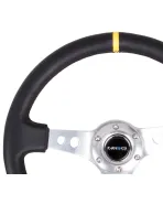 NRG Black Leather w/Silver Spokes, Circle Cutouts & Yellow Centre Mark Deep Dish Steering Wheel 350mm