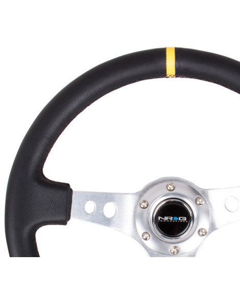 NRG Black Leather w/Silver Spokes, Circle Cutouts & Yellow Centre Mark Deep Dish Steering Wheel 350mm NRG Black Leather w/Silver Spokes, Circle Cutouts & Yellow Centre Mark Deep Dish Steering Wheel 350mm