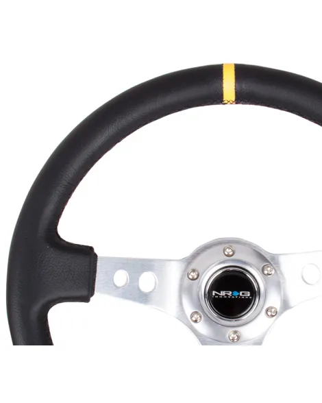 NRG Black Leather w/Silver Spokes, Circle Cutouts & Yellow Centre Mark Deep Dish Steering Wheel 350mm NRG Black Leather w/Silver Spokes, Circle Cutouts & Yellow Centre Mark Deep Dish Steering Wheel 350mm