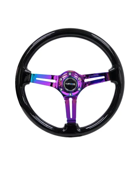 NRG Deep Dish Wood Grain Steering Wheel 350mm Black w/Neochrome Spokes NRG Deep Dish Wood Grain Steering Wheel 350mm Black w/Neochrome Spokes