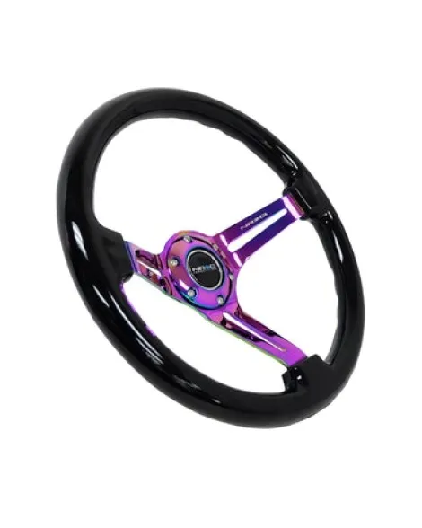 NRG Deep Dish Wood Grain Steering Wheel 350mm Black w/Neochrome Spokes NRG Deep Dish Wood Grain Steering Wheel 350mm Black w/Neochrome Spokes