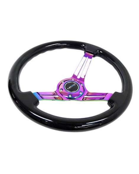 NRG Deep Dish Wood Grain Steering Wheel 350mm Black w/Neochrome Spokes NRG Deep Dish Wood Grain Steering Wheel 350mm Black w/Neochrome Spokes