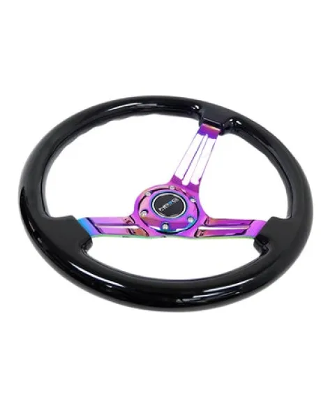 NRG Deep Dish Wood Grain Steering Wheel 350mm Black w/Neochrome Spokes NRG Deep Dish Wood Grain Steering Wheel 350mm Black w/Neochrome Spokes
