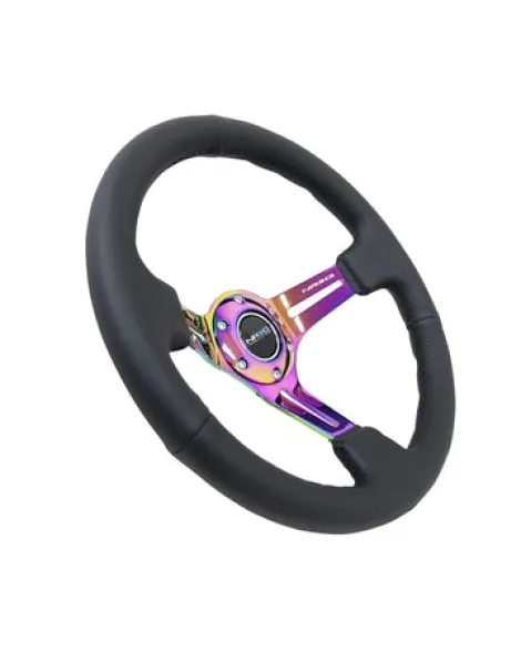 NRG Deep Dish Steering Wheel 350mm Black Leather & Black Stitching w/Neochrome Slits NRG Deep Dish Steering Wheel 350mm Black Leather & Black Stitching w/Neochrome Slits