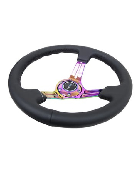 NRG Deep Dish Steering Wheel 350mm Black Leather & Black Stitching w/Neochrome Slits NRG Deep Dish Steering Wheel 350mm Black Leather & Black Stitching w/Neochrome Slits