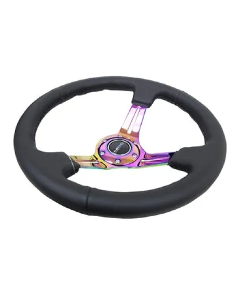 NRG Deep Dish Steering Wheel 350mm Black Leather & Black Stitching w/Neochrome Slits NRG Deep Dish Steering Wheel 350mm Black Leather & Black Stitching w/Neochrome Slits