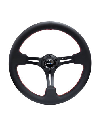 NRG Black Leather w/Black Spokes & Slits Red Stitching Deep Dish Steering Wheel 350mm