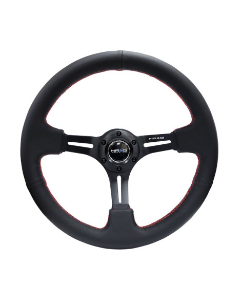 NRG Black Leather w/Black Spokes & Slits Red Stitching Deep Dish Steering Wheel 350mm NRG Black Leather w/Black Spokes & Slits Red Stitching Deep Dish Steering Wheel 350mm