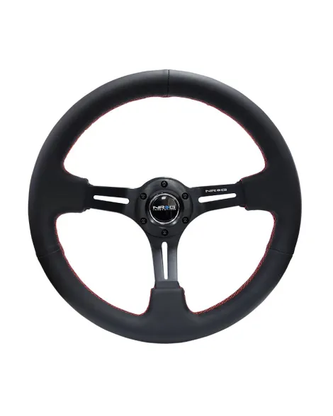 NRG Black Leather w/Black Spokes & Slits Red Stitching Deep Dish Steering Wheel 350mm NRG Black Leather w/Black Spokes & Slits Red Stitching Deep Dish Steering Wheel 350mm