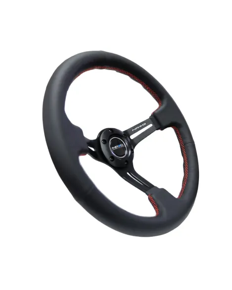 NRG Black Leather w/Black Spokes & Slits Red Stitching Deep Dish Steering Wheel 350mm NRG Black Leather w/Black Spokes & Slits Red Stitching Deep Dish Steering Wheel 350mm
