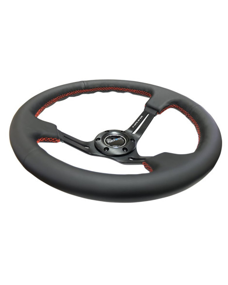 NRG Black Leather w/Black Spokes & Slits Red Stitching Deep Dish Steering Wheel 350mm NRG Black Leather w/Black Spokes & Slits Red Stitching Deep Dish Steering Wheel 350mm