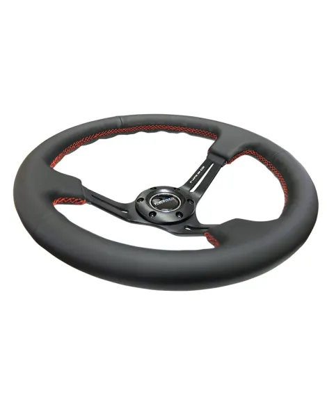 NRG Black Leather w/Black Spokes & Slits Red Stitching Deep Dish Steering Wheel 350mm NRG Black Leather w/Black Spokes & Slits Red Stitching Deep Dish Steering Wheel 350mm