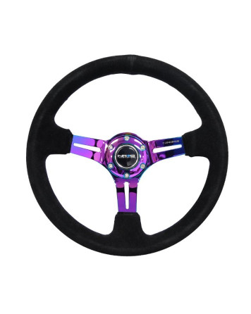 NRG Reinforced 350MM 3" Deep Dish Steering Wheel with Neo Chrome Slits / Suede Black Stitch