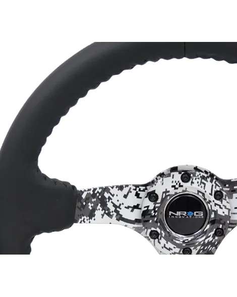 NRG Black Leather w/Camo Spokes & Black Stitching Deep Dish Steering Wheel 350mm NRG Black Leather w/Camo Spokes & Black Stitching Deep Dish Steering Wheel 350mm