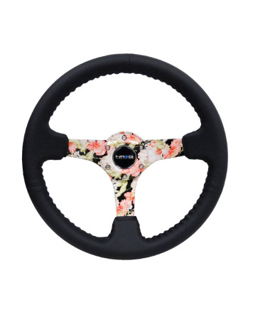 NRG Black Leather w/Floral Spokes & Black Stitching Deep Dish Steering Wheel 350mm