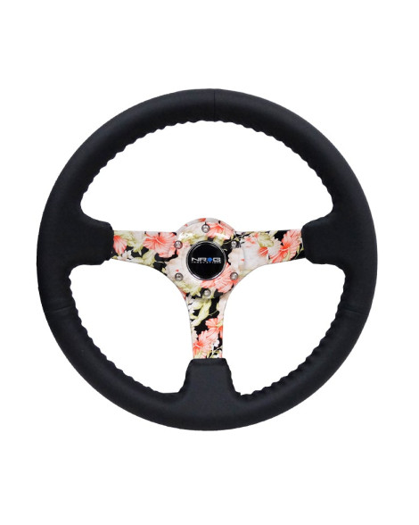 NRG Black Leather w/Floral Spokes & Black Stitching Deep Dish Steering Wheel 350mm NRG Black Leather w/Floral Spokes & Black Stitching Deep Dish Steering Wheel 350mm