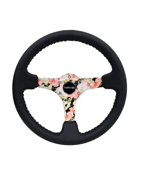NRG Black Leather w/Floral Spokes & Black Stitching Deep Dish Steering Wheel 350mm NRG Black Leather w/Floral Spokes & Black Stitching Deep Dish Steering Wheel 350mm
