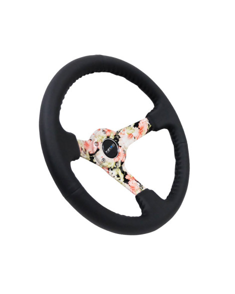 NRG Black Leather w/Floral Spokes & Black Stitching Deep Dish Steering Wheel 350mm NRG Black Leather w/Floral Spokes & Black Stitching Deep Dish Steering Wheel 350mm