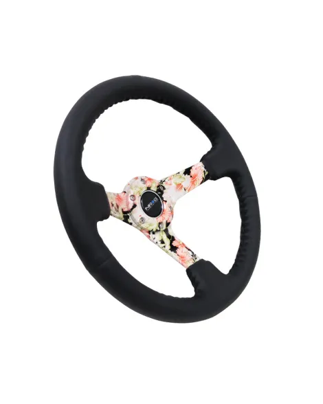 NRG Black Leather w/Floral Spokes & Black Stitching Deep Dish Steering Wheel 350mm NRG Black Leather w/Floral Spokes & Black Stitching Deep Dish Steering Wheel 350mm