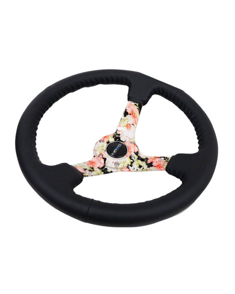 NRG Black Leather w/Floral Spokes & Black Stitching Deep Dish Steering Wheel 350mm NRG Black Leather w/Floral Spokes & Black Stitching Deep Dish Steering Wheel 350mm