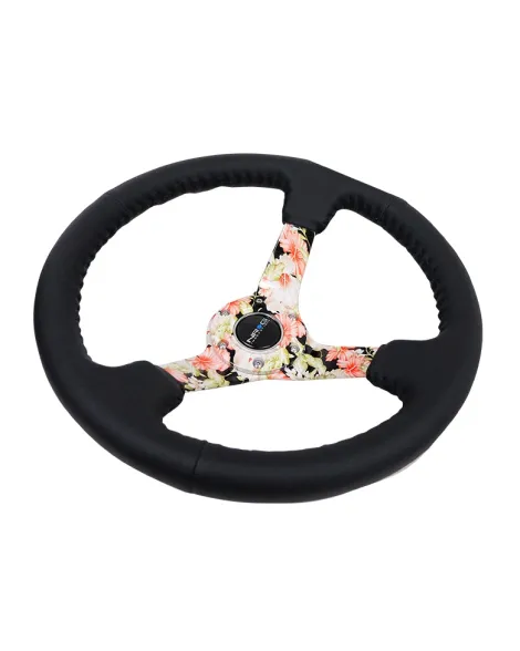 NRG Black Leather w/Floral Spokes & Black Stitching Deep Dish Steering Wheel 350mm NRG Black Leather w/Floral Spokes & Black Stitching Deep Dish Steering Wheel 350mm