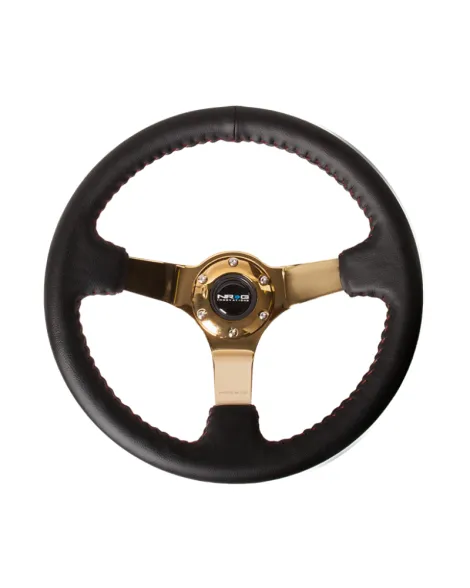 NRG Black Leather w/Chrome Gold Spokes & Red Stitching Deep Dish Steering Wheel 350mm NRG Black Leather w/Chrome Gold Spokes & Red Stitching Deep Dish Steering Wheel 350mm