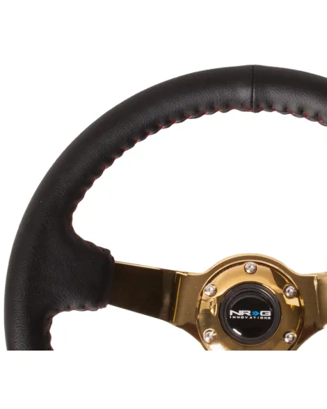 NRG Black Leather w/Chrome Gold Spokes & Red Stitching Deep Dish Steering Wheel 350mm NRG Black Leather w/Chrome Gold Spokes & Red Stitching Deep Dish Steering Wheel 350mm