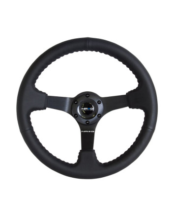 NRG Black Leather w/Black Spokes & Black Stitching Deep Dish Steering Wheel 350mm