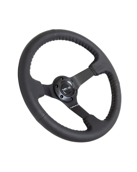 NRG Black Leather w/Black Spokes & Black Stitching Deep Dish Steering Wheel 350mm NRG Black Leather w/Black Spokes & Black Stitching Deep Dish Steering Wheel 350mm