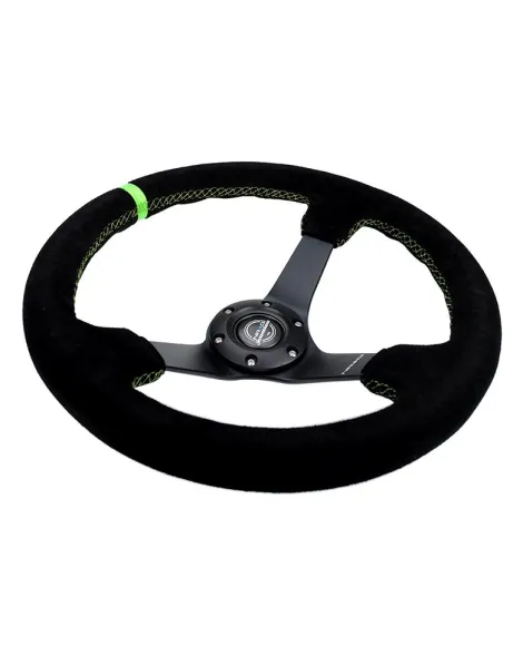 NRG Black Suede w/Black Spokes, Neon Green CM & Stitching Deep Dish Steering Wheel 350mm NRG Black Suede w/Black Spokes, Neon Green CM & Stitching Deep Dish Steering Wheel 350mm