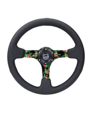NRG Black Leather w/Tropical Spokes & Black Stitching Deep Dish Steering Wheel 350mm