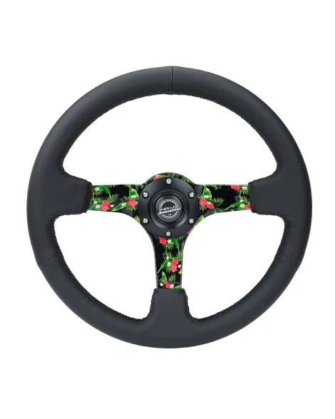 NRG Black Leather w/Tropical Spokes & Black Stitching Deep Dish Steering Wheel 350mm NRG Black Leather w/Tropical Spokes & Black Stitching Deep Dish Steering Wheel 350mm