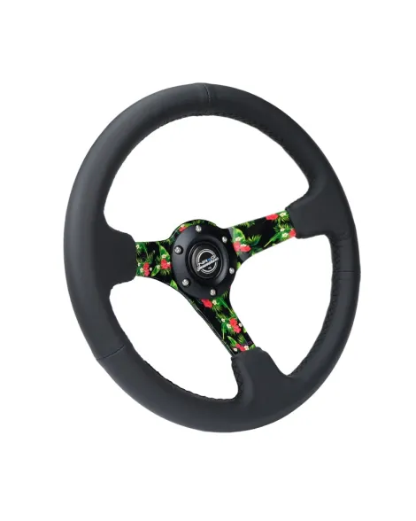 NRG Black Leather w/Tropical Spokes & Black Stitching Deep Dish Steering Wheel 350mm NRG Black Leather w/Tropical Spokes & Black Stitching Deep Dish Steering Wheel 350mm