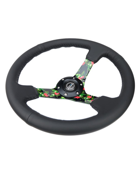 NRG Black Leather w/Tropical Spokes & Black Stitching Deep Dish Steering Wheel 350mm NRG Black Leather w/Tropical Spokes & Black Stitching Deep Dish Steering Wheel 350mm